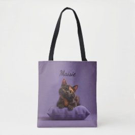 Cartoon Tortoiseshell Kitten auf Lila Polster Tasche
