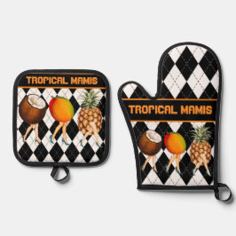 Cartoon Tropical ObstLadys auf schwarz und weiß Ofenhandschuh & Topflappen-Set