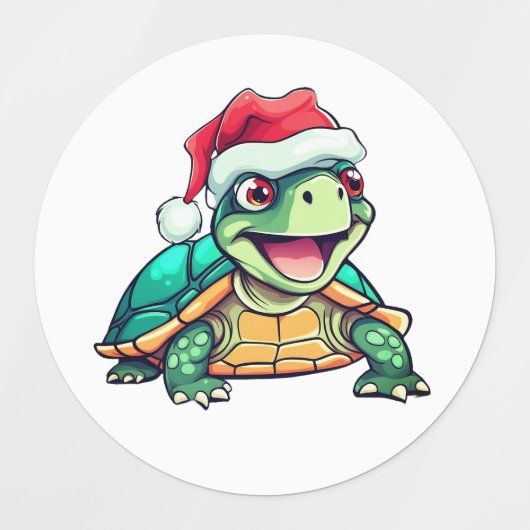 Cartoon turtle, laughing, with Santa hat Etiketten (Design 1)