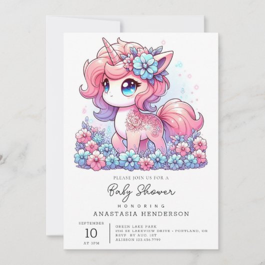 Cartoon Unicorn Kinderdusche Einladung (Vorderseite)