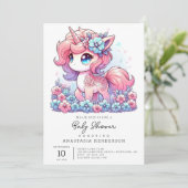Cartoon Unicorn Kinderdusche Einladung (Stehend Vorderseite)
