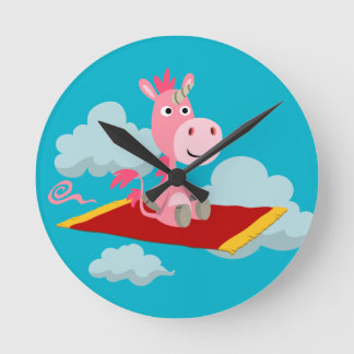 Cartoon Unicorns magische Teppichfahreruhr Runde Wanduhr