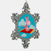 Cartoon Unicorns magischer Teppichfahrer Schneeflocken Zinn-Ornament (Links)
