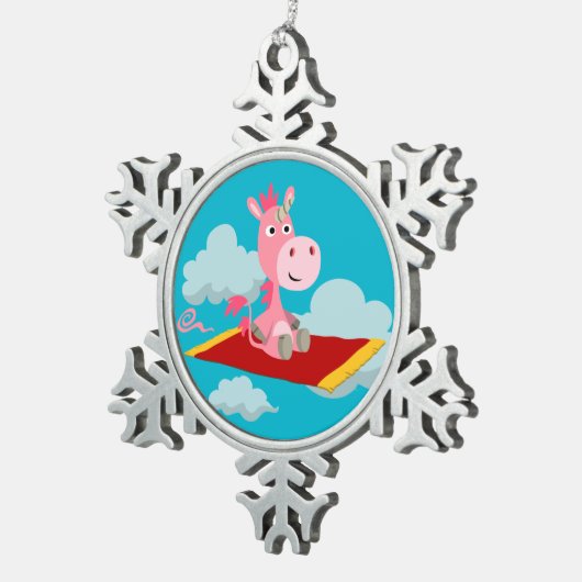 Cartoon Unicorns magischer Teppichfahrer Schneeflocken Zinn-Ornament (Rechts)