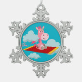 Cartoon Unicorns magischer Teppichfahrer Schneeflocken Zinn-Ornament (Vorderseite)
