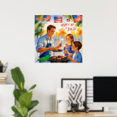 Cartoon Vater Grillen & Kinder mit Sparklern Poster (Heimbüro)