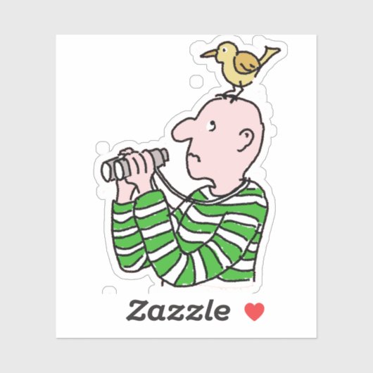 Cartoon Vogelbeobachter mit Vogel auf dem Kopf. Aufkleber (Blatt)