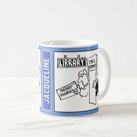 Cartoon von 2 Männern in Bibliothekslesekbüchern. Kaffeetasse (VorderseiteRechts)