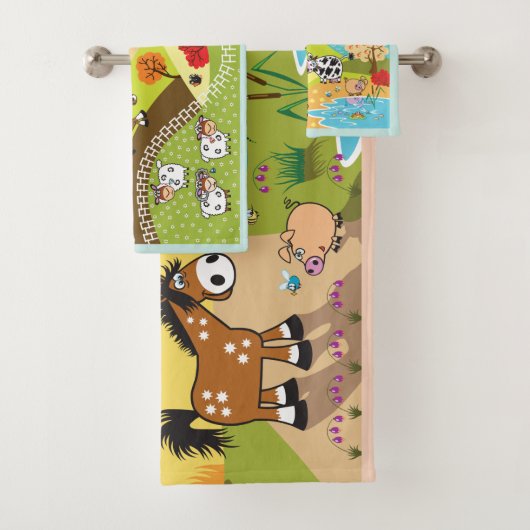 Cartoon von Nutztieren auf dem Land Badhandtuch Set (Insitu)