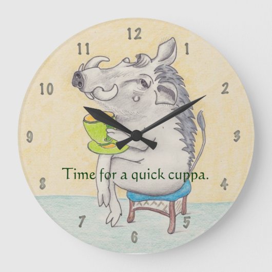 Cartoon Warthog trinkt eine Tasse Tee Große Wanduhr (Vorderseite)