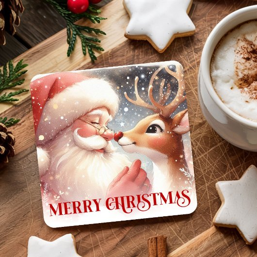 Cartoon Watercolor Santa Rudolph Christmas Coaster Rechteckiger Pappuntersetzer
