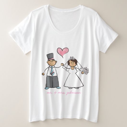 Cartoon Wedding Couple Bride & Groom Pink Herz Große Größe T-Shirt (Design vorne)