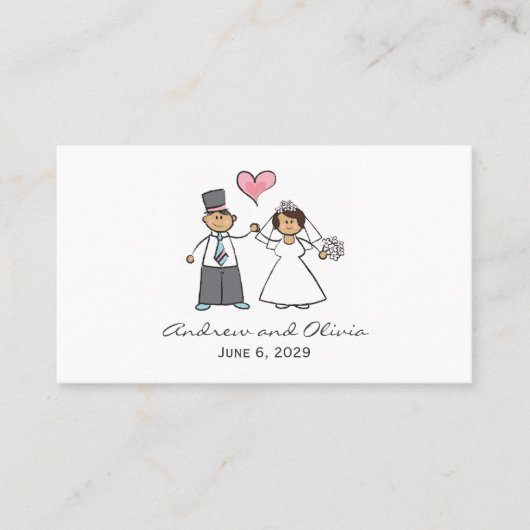 Cartoon Wedding Couple Bride & Groom Pink Herz Platzkarte (Vorderseite)