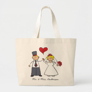 Cartoon Wedding Couple Bride & Groom Red Heart Jumbo Stoffbeutel