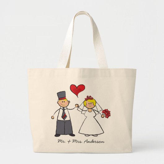 Cartoon Wedding Couple Bride & Groom Red Heart Jumbo Stoffbeutel (Vorne)