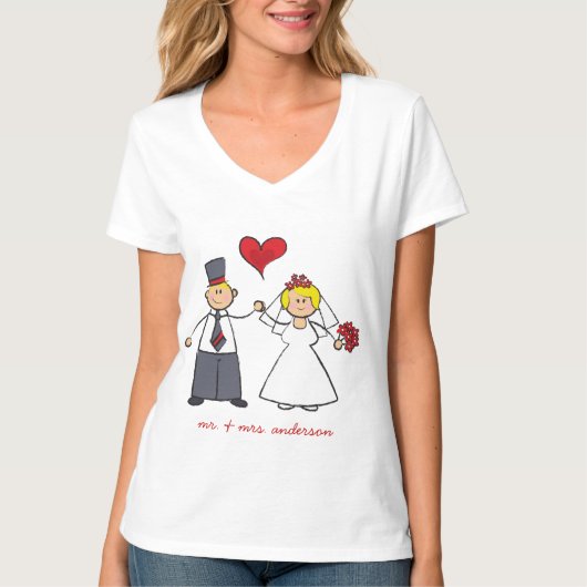 Cartoon Wedding Couple Bride & Groom Red Heart T-Shirt (Vorderseite)