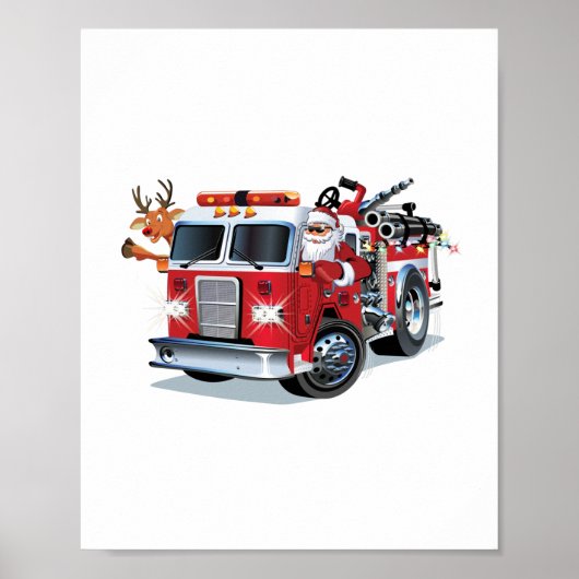Cartoon Weihnachtsfeuerwagen Poster (Vorne)