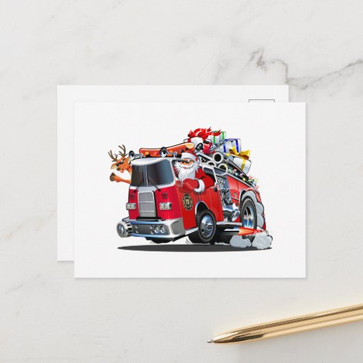 Cartoon Weihnachtsfeuerwagen Postkarte (Vorderseite/Rückseite Beispiel)