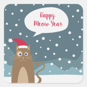 Cartoon Weihnachtsmannmütze glücklich Kätzchen Sch Quadratischer Aufkleber