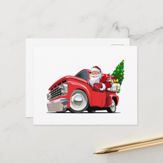 Cartoon Weihnachtswagen mit dem Weihnachtsmann Postkarte (Vorderseite/Rückseite Beispiel)