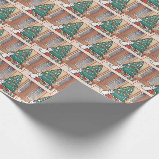 Cartoon weiße Katze nach Weihnachtsbaum Geschenkpapier (Ecke)