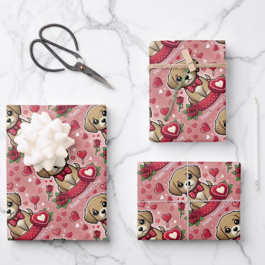 Cartoon Welpe mit Valentinstag Herz Geschenkpapier Set (Vorderseite)