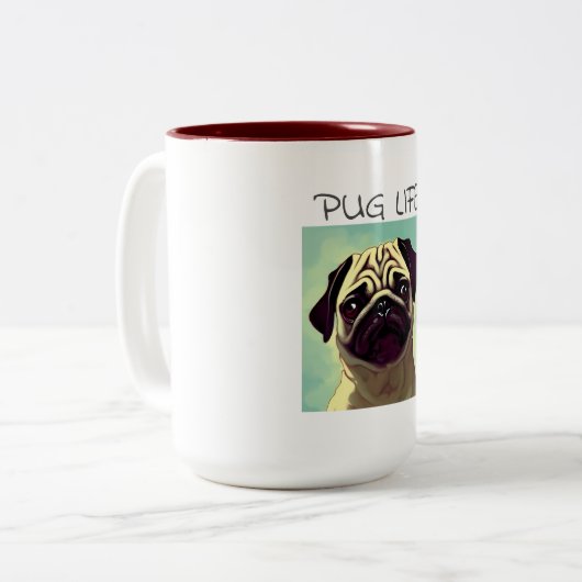 Cartoon Wertvoll und Niedlich Doggy Mops Portrait Zweifarbige Tasse (Vorderseite Links)