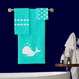 Cartoon Whale Aqua Aquamarin Blue Badhandtuch Set