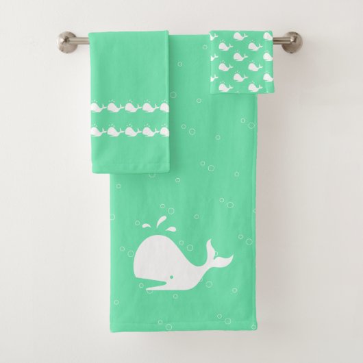 Cartoon Whale Aqua Blue Green Badhandtuch Set (Insitu)
