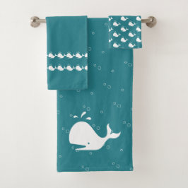 Cartoon Whale OceanTeal Blue Badhandtuch Set
