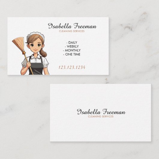 Cartoon White Broom House Haushaltshilfe Reinigung Visitenkarte (Vorne/Hinten)