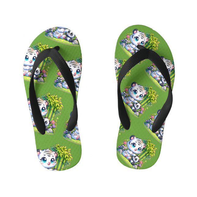 Cartoon White Tiger & Panda | Kinderbadesandalen (Fußbett)
