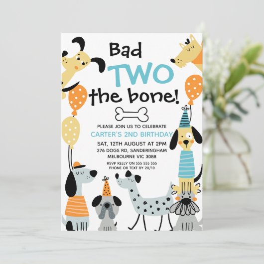 Cartoon wie Bad Two der Knochen Hund 2. Geburtstag Einladung (Stehend Vorderseite)