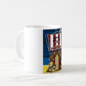Cartoon-Wikinger Krieger und Longship Kaffeetasse (Vorderseite Links)