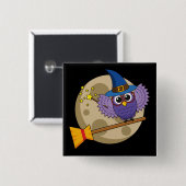 Cartoon Wizard Owl Flying on Broom Button (Vorne & Hinten)