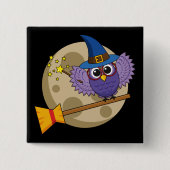 Cartoon Wizard Owl Flying on Broom Button (Vorderseite)