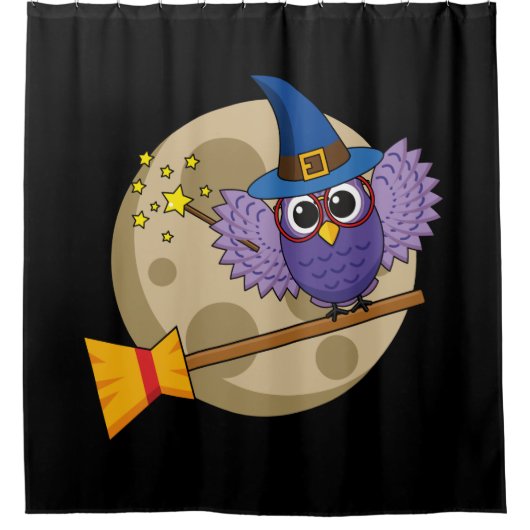 Cartoon Wizard Owl Flying on Broom Duschvorhang (Vorderseite)