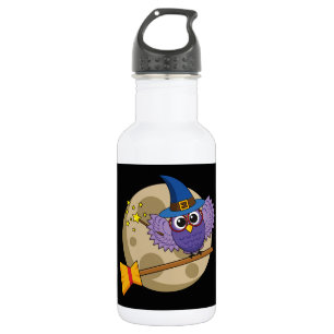 Cartoon Wizard Owl Flying on Broom Edelstahlflasche