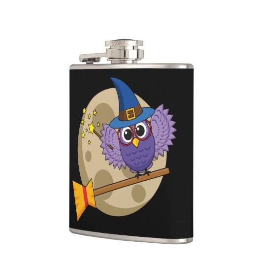 Cartoon Wizard Owl Flying on Broom Flachmann (Links)
