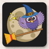 Cartoon Wizard Owl Flying on Broom Getränkeuntersetzer (Vorderseite)