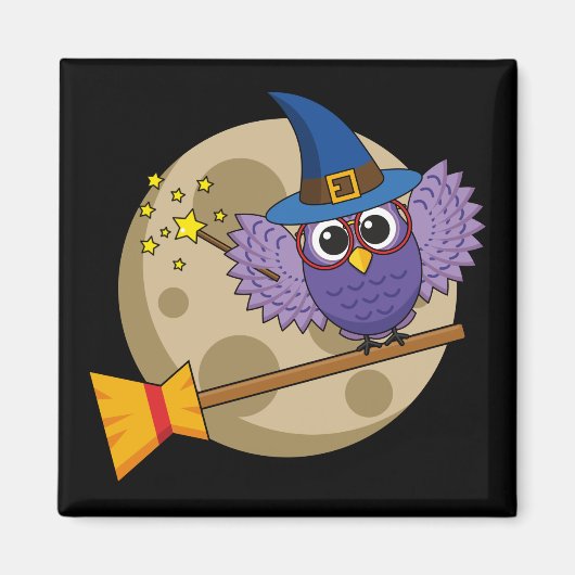 Cartoon Wizard Owl Flying on Broom Magnet (Vorne)