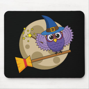 Cartoon Wizard Owl Flying on Broom Mousepad