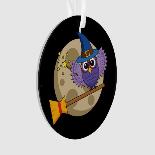 Cartoon Wizard Owl Flying on Broom Ornament (Vorderseite)