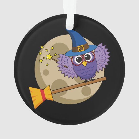 Cartoon Wizard Owl Flying on Broom Ornament (Rückseite)