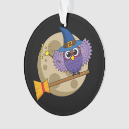 Cartoon Wizard Owl Flying on Broom Ornament