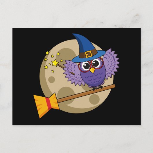 Cartoon Wizard Owl Flying on Broom Postkarte (Vorderseite)