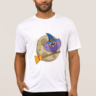 Cartoon Wizard Owl Flying on Broom T-Shirt