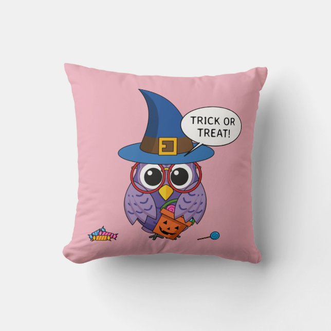 Cartoon Wizard Owl - Trick oder Treten Kissen (Vorderseite)