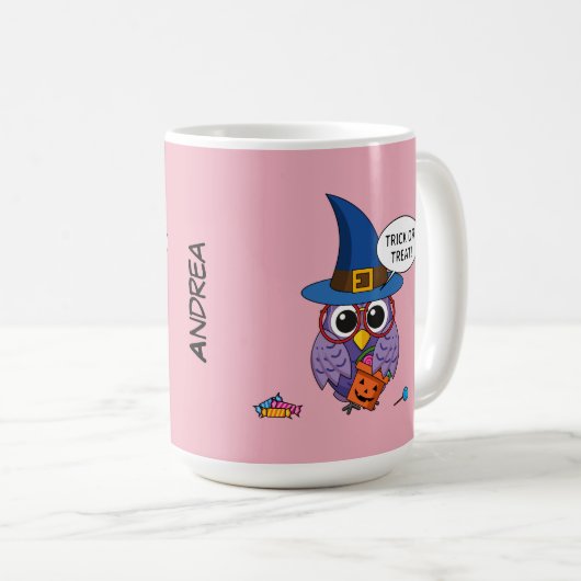 Cartoon Wizard Owl - Trick oder Treten | Name hinz Kaffeetasse (VorderseiteRechts)