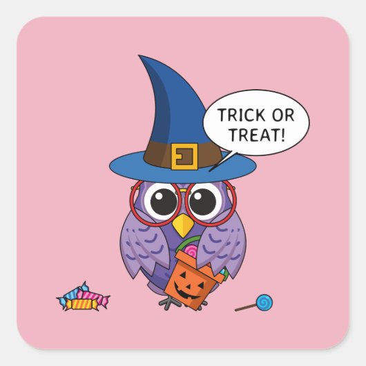 Cartoon Wizard Owl - Trick oder Treten Quadratischer Aufkleber (Vorderseite)